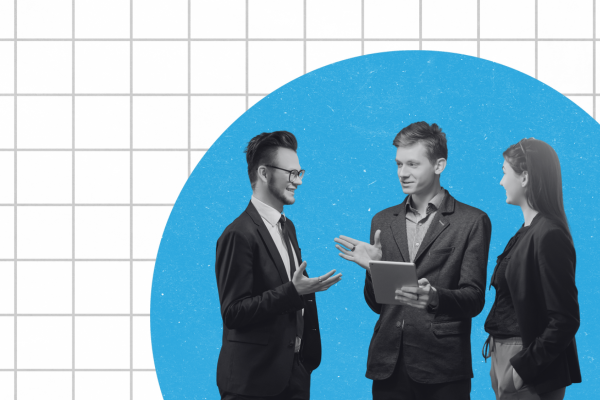 Two business professionals discussing what it takes to go from good to great in pharmaceuticals